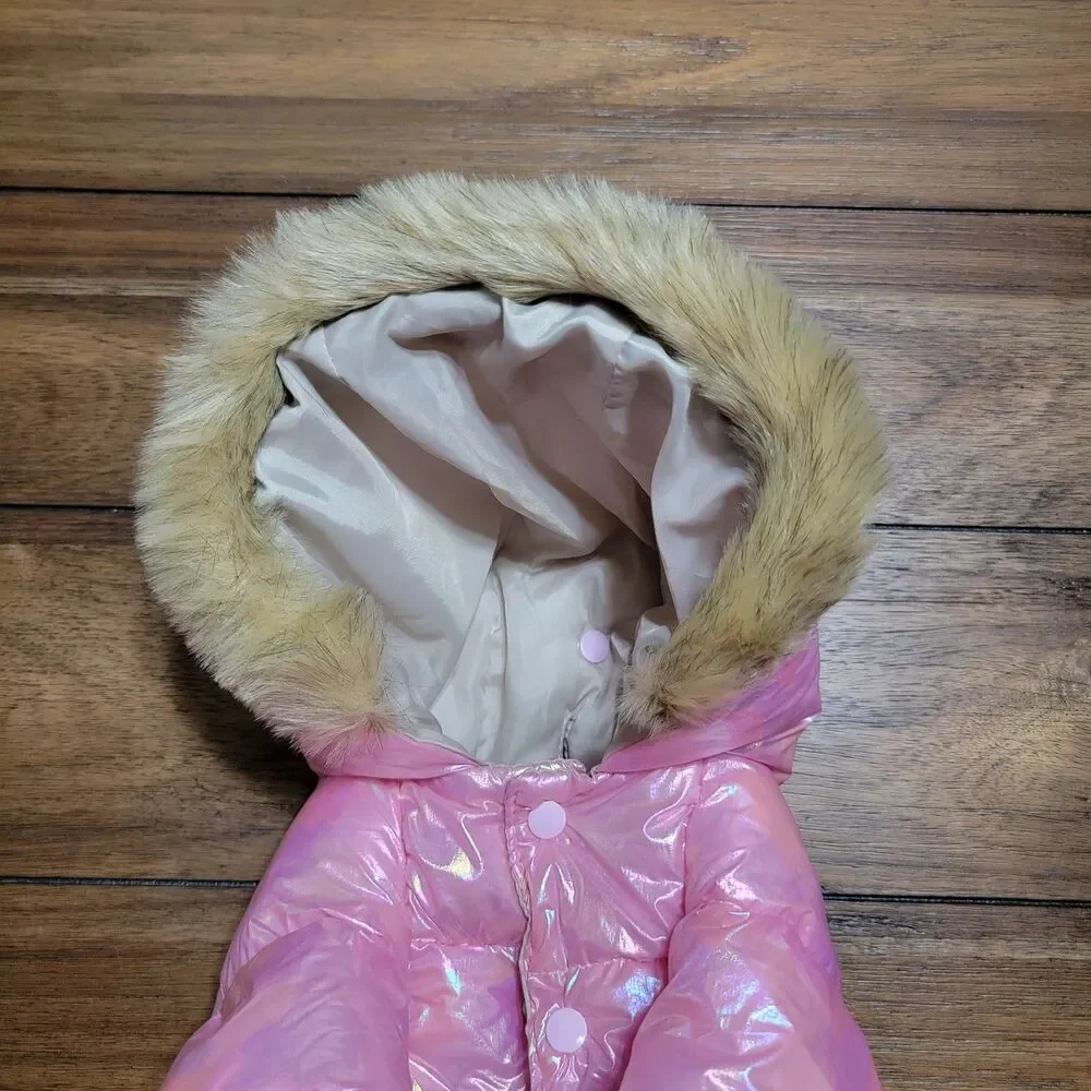 Dog Puffer Jacket w/ Faux Fur Hood Pink Shimmer